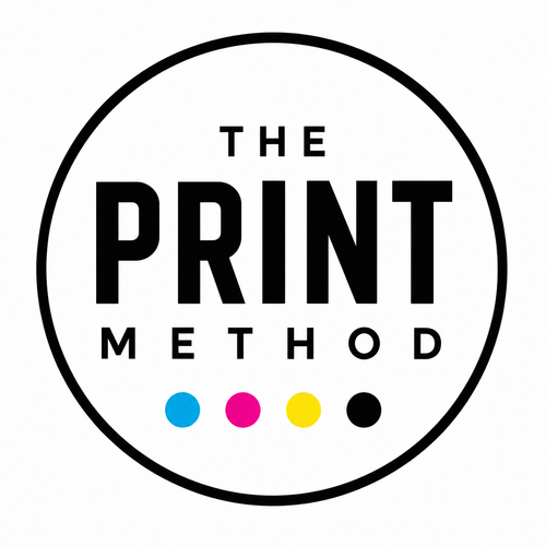 A circular logo with the words 'THE PRINT METHOD' in black text on a white background, with four small colour dots below in cyan, magenta, yellow, and black.